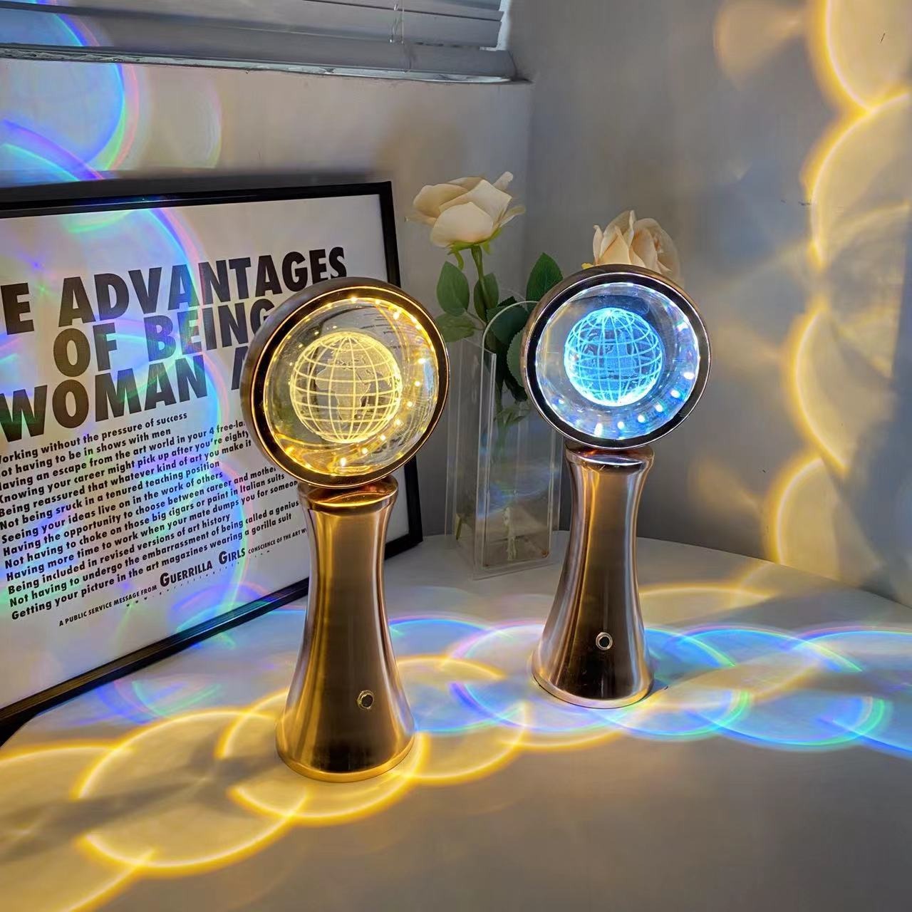 3D crystal globe rotating night light RGB charging modern minimalist desktop projection light and shadow atmosphere light