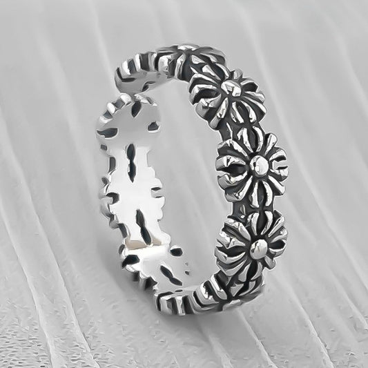 New S925 Silver Retro Old Cross Ring Personalized Trendy Daisy Flow Hand Jewelry Niche Simple Letter Ring