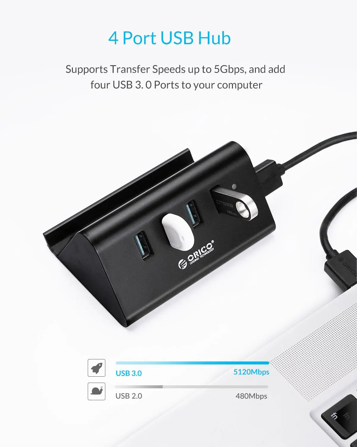ORICO 5Gbps High Speed Mini 4 ports USB3.0 HUB Splitter for Desktop Laptop with Stand Holder for Phone Tablet PC - Black / White