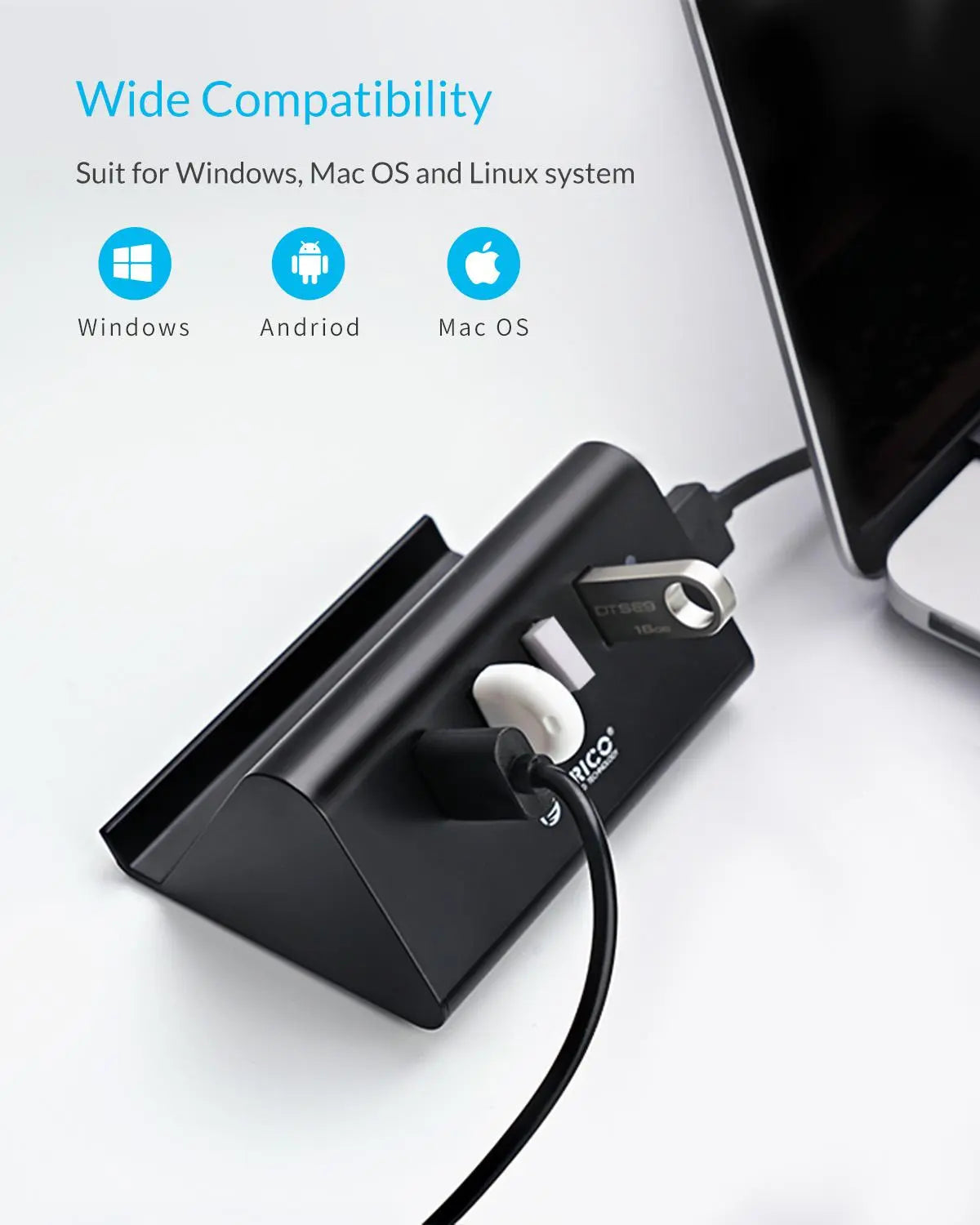 ORICO 5Gbps High Speed Mini 4 ports USB3.0 HUB Splitter for Desktop Laptop with Stand Holder for Phone Tablet PC - Black / White