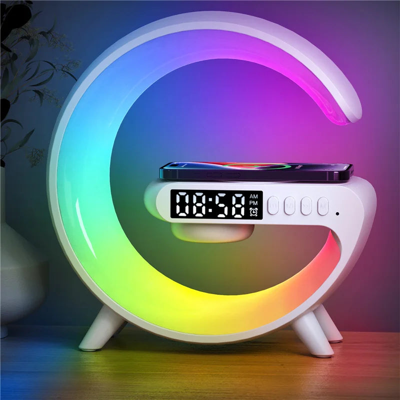 VIKEFON Wireless Charger Pad Stand Speaker TF Card RGB Night Light Lamp Alarm Clock Fast Charging Station Dock for iPhone Samsung Xiaomi