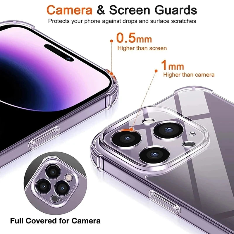 Shockproof Silicone Clear Phone Case for iPhone 13 11 14 Pro Max 12 Mini Lens Protection Back Case for IPhone 15 PRO XS MAX XR X