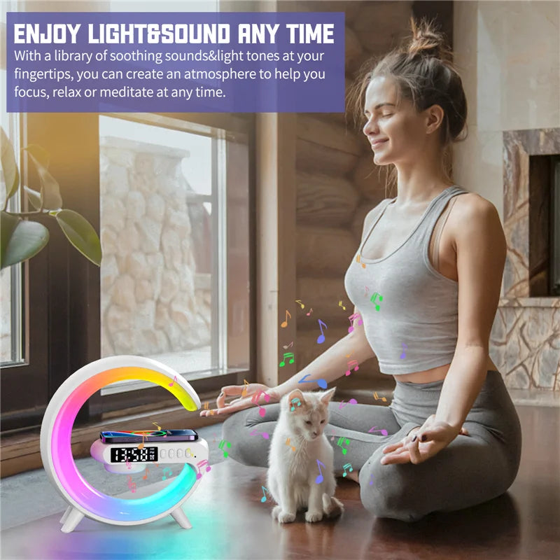 VIKEFON Wireless Charger Pad Stand Speaker TF Card RGB Night Light Lamp Alarm Clock Fast Charging Station Dock for iPhone Samsung Xiaomi